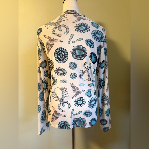 Western boho cowgirl teal tan sheer long‎ sleeve top medium - Picture 4 of 4